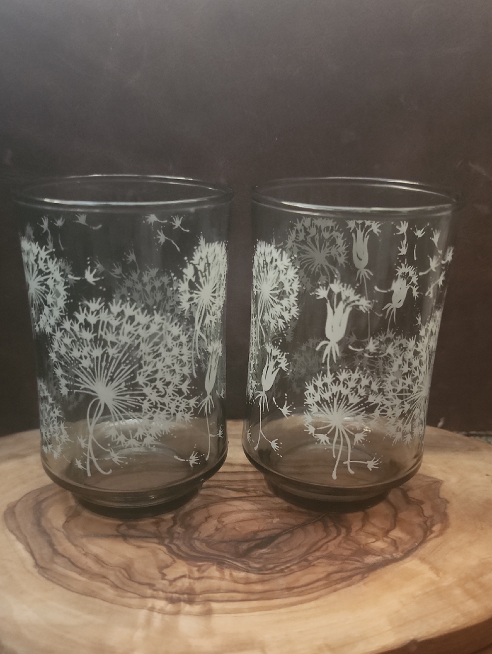 🟡 2 For $25 🟡 Set of 2 Small Cups with White Dandelion Design -Libby Glass